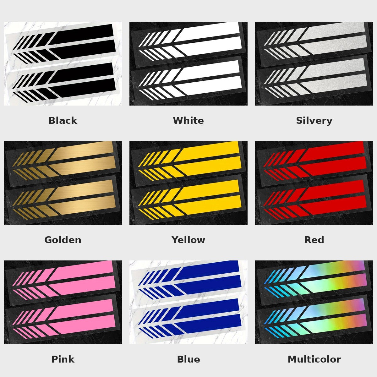 Reflective stripe kit color chart: black, white, silver, gold, yellow, red, pink, blue and multicolor