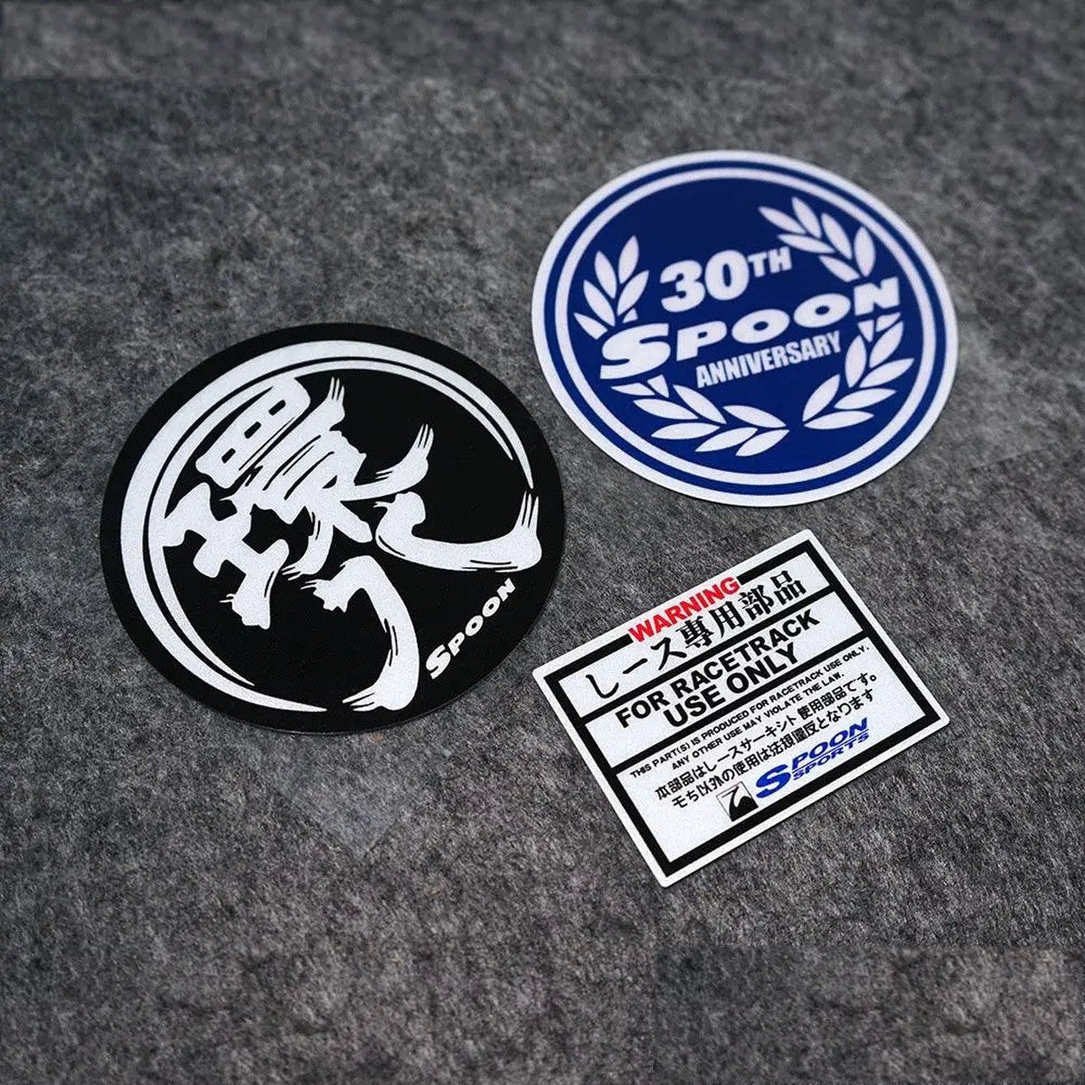 Spoon-style 30th anniversary sticker set: kanji circle, blue 30th badge and race-use warning sticker