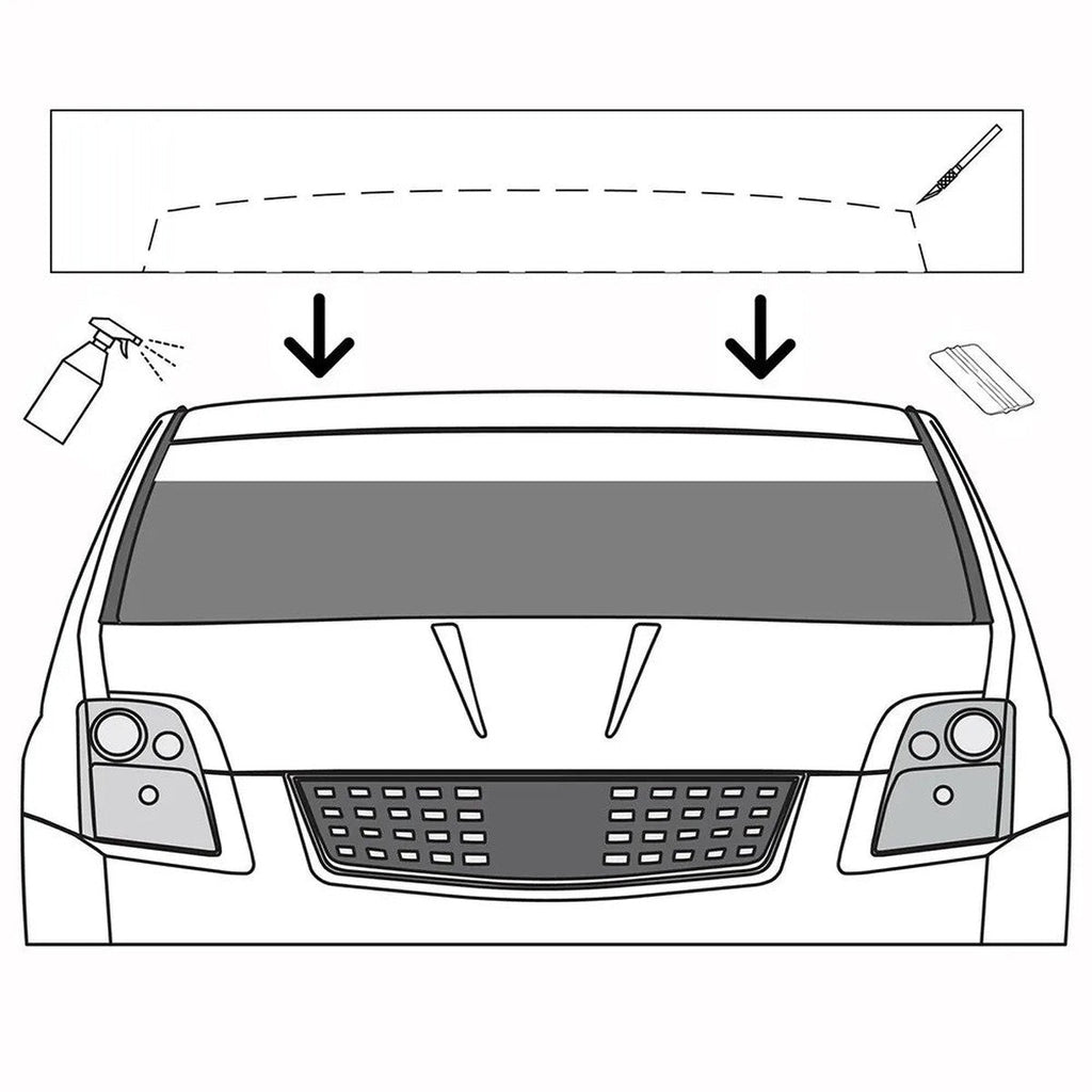 Diagram showing how to position and squeegee a windshield sun strip
