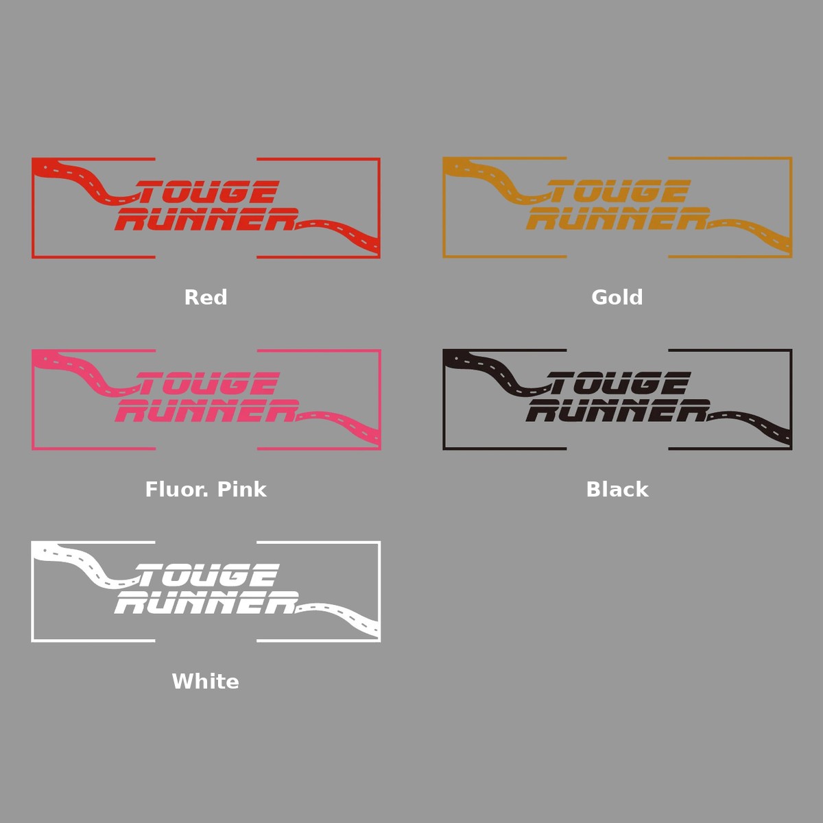 Touge Runner sticker color chart: red, gold, fluorescent pink, black and white