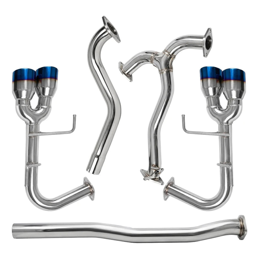 WRX / STI cat-back exhaust components laid out: front pipe, Y-pipe, mid pipe and left and right rear sections with dual tips