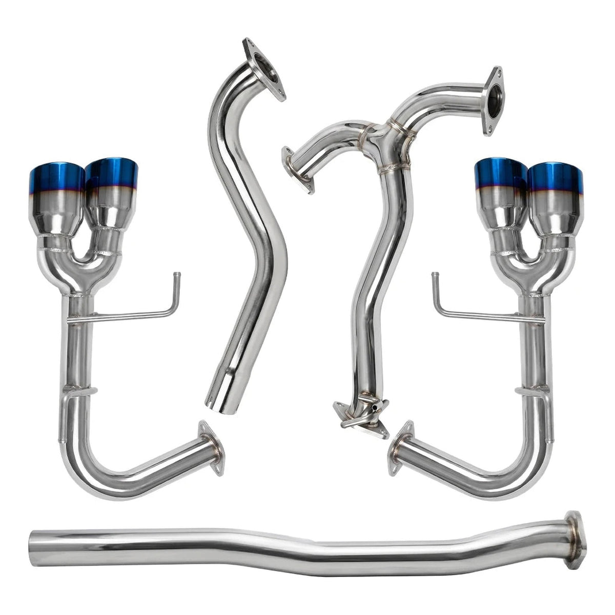 WRX / STI cat-back exhaust components laid out: front pipe, Y-pipe, mid pipe and left and right rear sections with dual tips