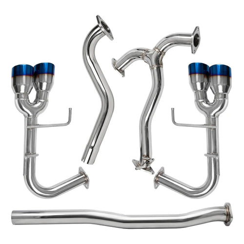 WRX / STI cat-back exhaust components laid out: front pipe, Y-pipe, mid pipe and left and right rear sections with dual tips