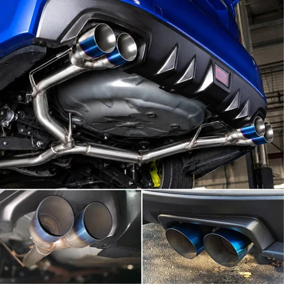 Cat-back exhaust installed under a VA Subaru WRX STI, showing pipe routing and quad burnt-blue tips